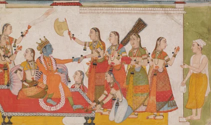 Krishna begrüßt Sudama, aus einem Bhagavata Purana